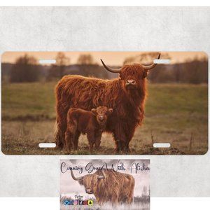 Highland Cow and Baby Car Tag Metal Vehicle License Plate